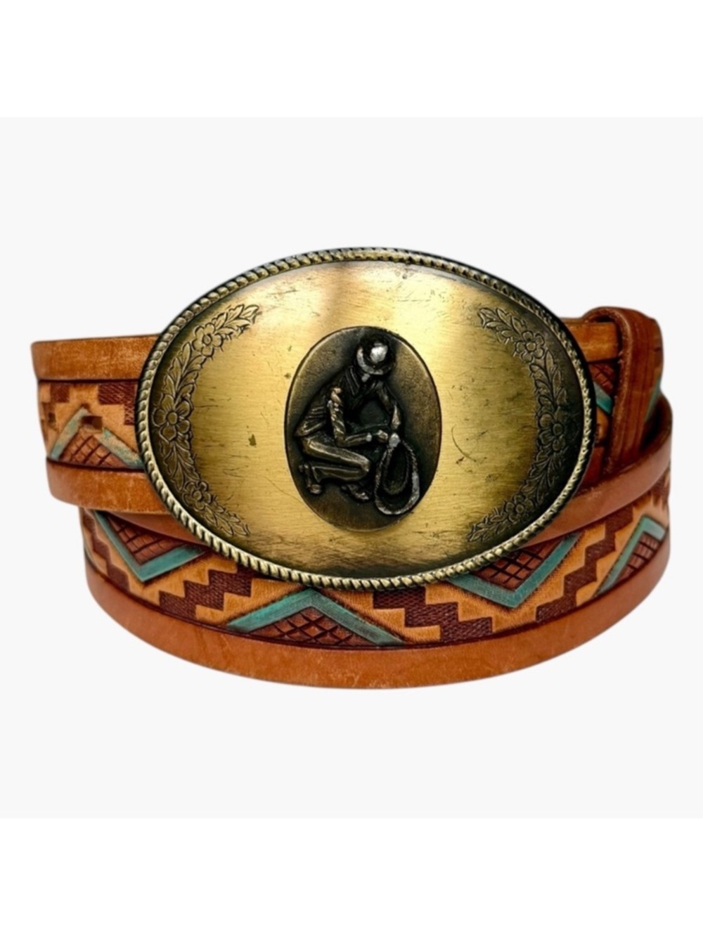 Vintage Chambers Leather Western Belt Tan Tooled Painted Brass Cowboy Buckle